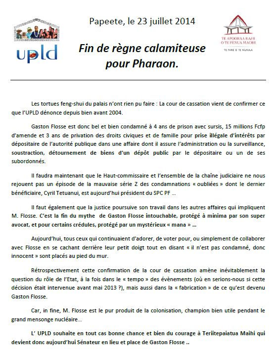 Communiqué UPLD: "Fin de règne calamiteuse pour Pharaon."