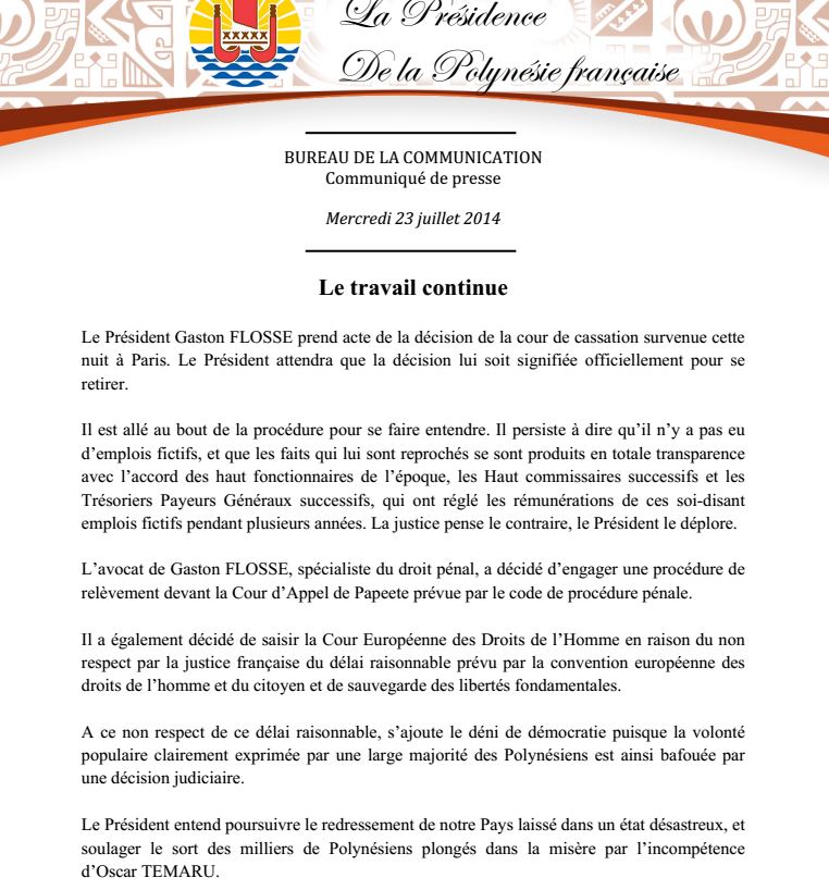 Communiqué de la Présidence : "Le travail continue"