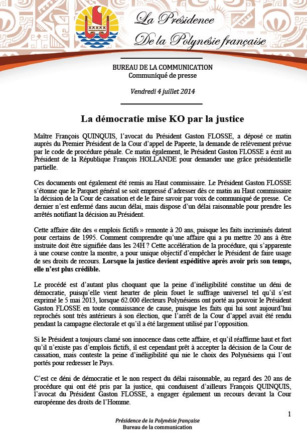 Communiqué de la Présidence: "La démocratie mise K.O par la justice"