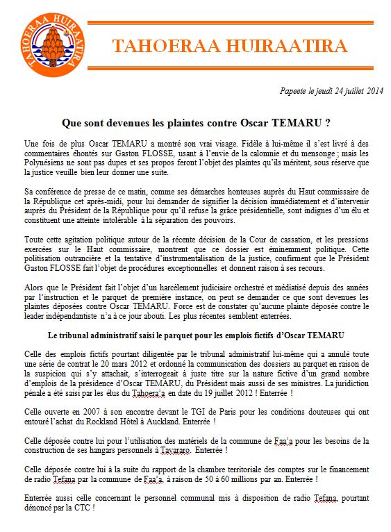 Communiqué du Tahoeraa: "Que sont devenues les plaintes contre Oscar Temaru?"