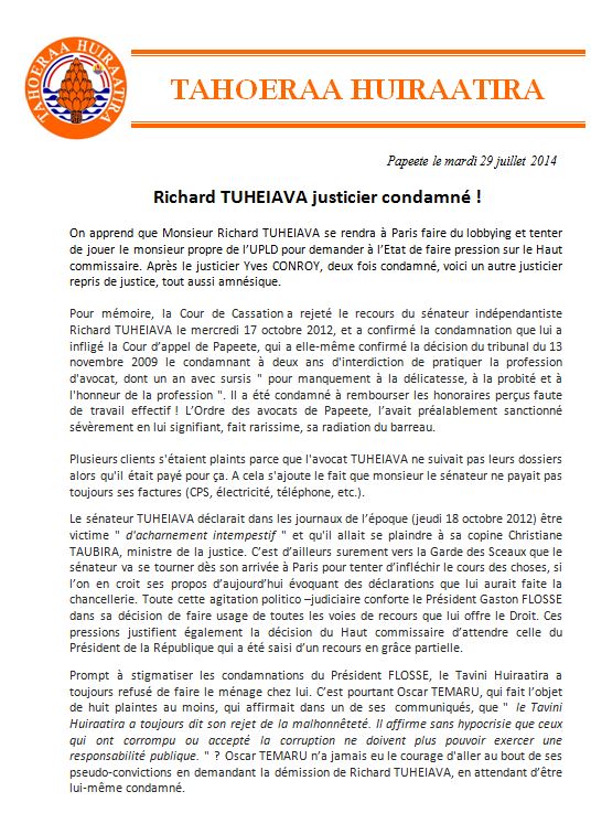 Communiqué du Tahoeraa:" Richard TUHEIAVA justicier condamné !"