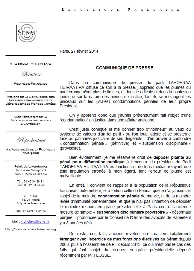 Le sénateur Tuheiava répond au Tahoeraa