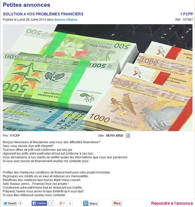 Un exemple du type de messages malhonnêtes qui pullulent sur le Net polynésien. Celui-ci a été déposé dans la section Petites Annonces de Tahiti-Infos. Rassurez-vous, notre service prend soin de supprimer régulièrement et dès que possible ces messages frauduleux.