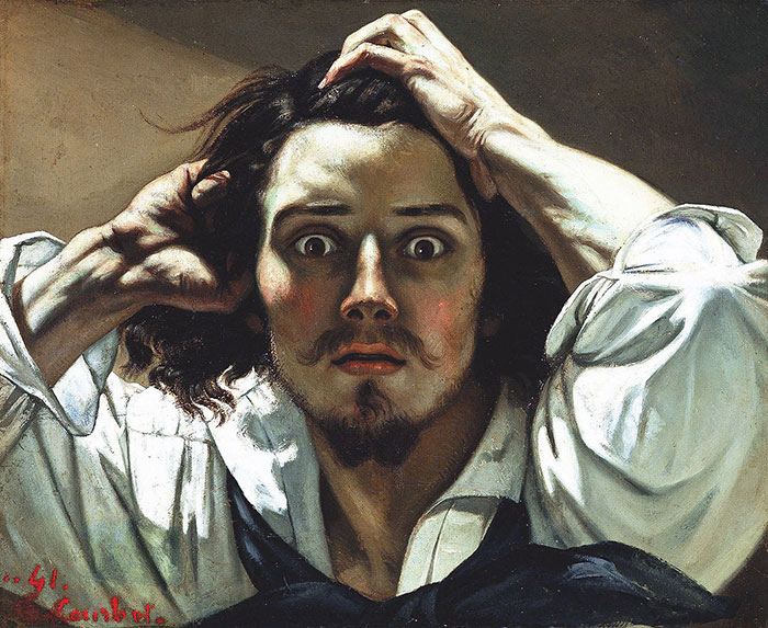 Le Désespéré, Gustave Courbet, huile sur toile (1843) – Autoportrait de l’artiste sous les traits d’un jeune homme qui regarde le spectateur avec désespoir…