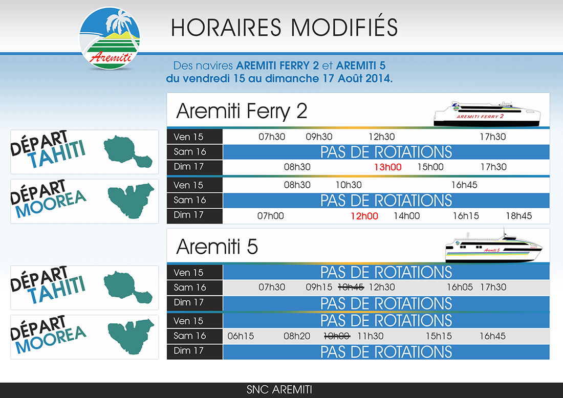 Aremiti modifie ses horaires de rotation ce week-end sur Moorea