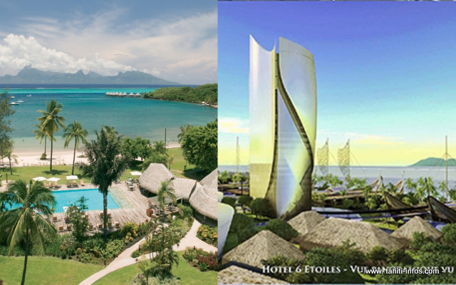 A gauche une vue depuis le Sofitel Maeva Beach sur la piscine de l'ancien hôtel et la mer ; à droite une projection de ce que pourrait être d'ici quelques années la réalisation du nouveau complexe hôtelier du Tahiti Mahana Beach.