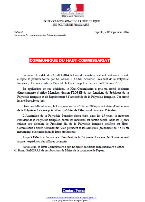 Le Haut-commissaire met fin aux fonctions de Gaston Flosse