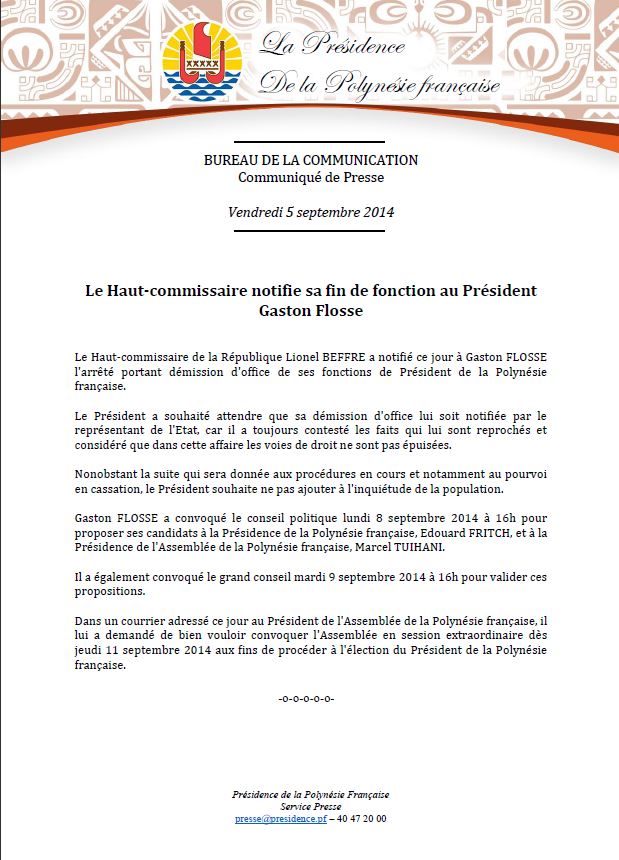 Le Haut-commissaire met fin aux fonctions de Gaston Flosse