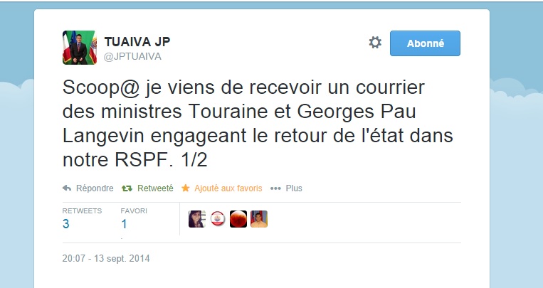 Financement du RST : Jean-Paul Tuaiva annonce sur Twitter le retour de l'Etat