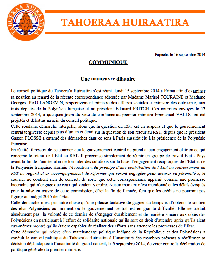 RST: les annonces de l'Etat qualifiées de manoeuvres dilatoires par le Taohera'a