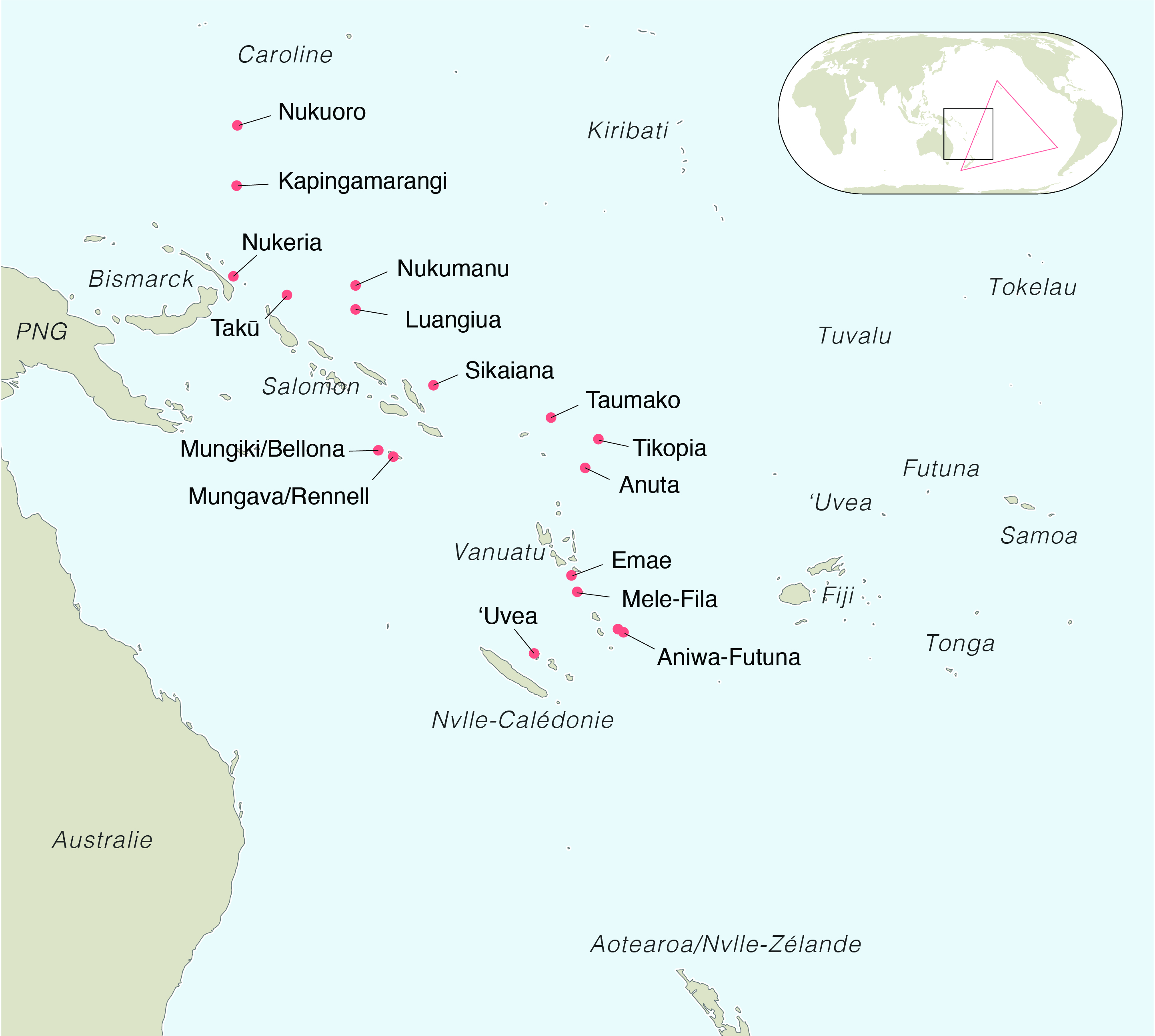 Carte de l'ouest du Pacifique avec les Polynesian Outliers indiqués en rouge. Crédit: Mary Walworth et Aymeric Hermann, 2022.