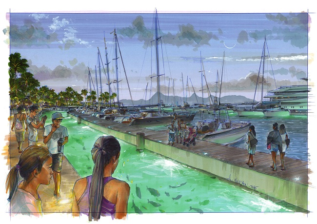 Une vue de l'aménagement éclairé en soirée avec le parc à poisson dans ce bassin de 4 mètres de large.