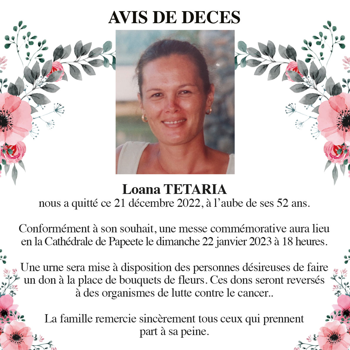 Avis de décès de la famille TETARIA pour la défunte Loana TETARIA