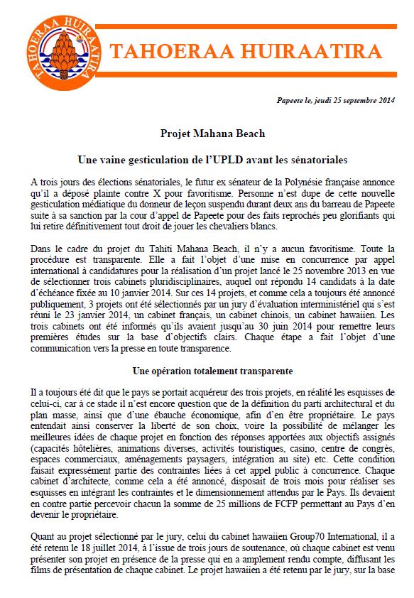 Communiqué du Tahoeraa: "Projet Mahana Beach  Une vaine gesticulation de l’UPLD avant les sénatoriales"