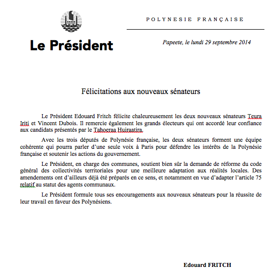 Le Président de la Polynésie félicite les deux sénateurs