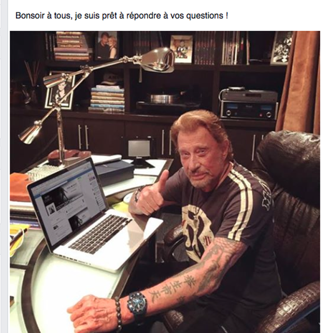 Johnny Hallyday sur sa page Facebook a répondu jeudi aux questions de ses fans (Photo Facebook).