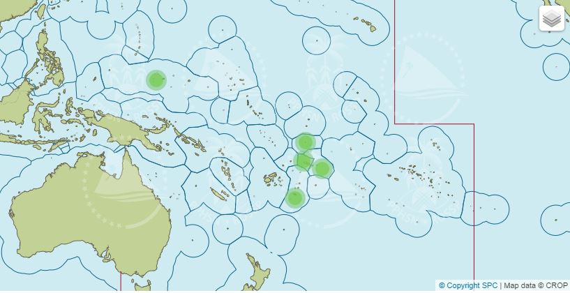 Les points verts représentent un pays touché par le Chikungunya. Il s'agit de la carte de surveillance du Chikungunya dans le Pacifique, établie par le « Pacific Public Health Surveillance Network (PPHSN) »