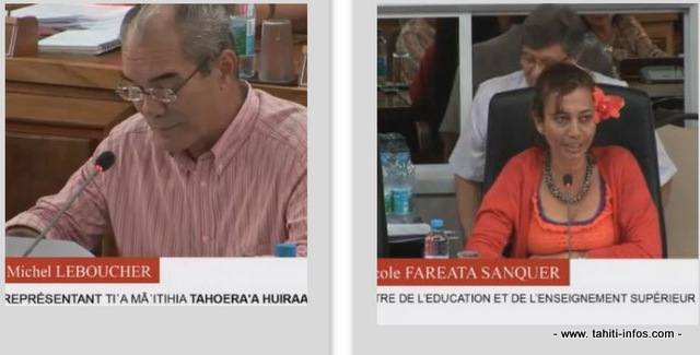 A gauche, Michel Leboucher ancien ministre de l'Education; à droite Nicole Sanquer qui a en charge désormais ce portefeuille.