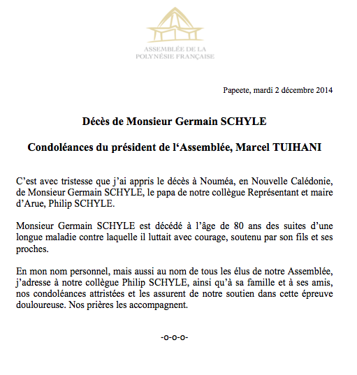 Condoléances pour le décès du père de Philip Schyle