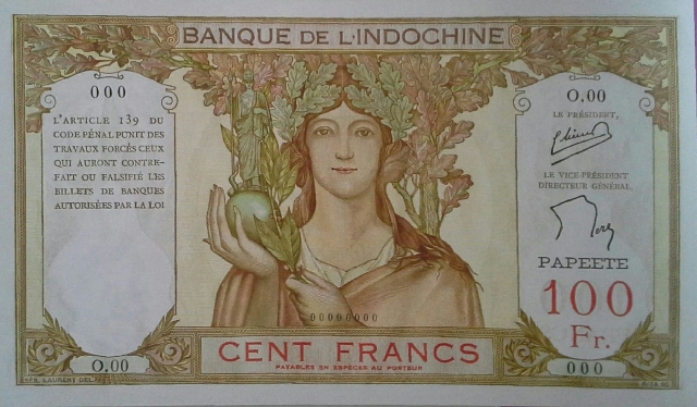 Billets de 100 francs émis à Papeete en francs français en 1937, puis en francs cfp en 1946.
