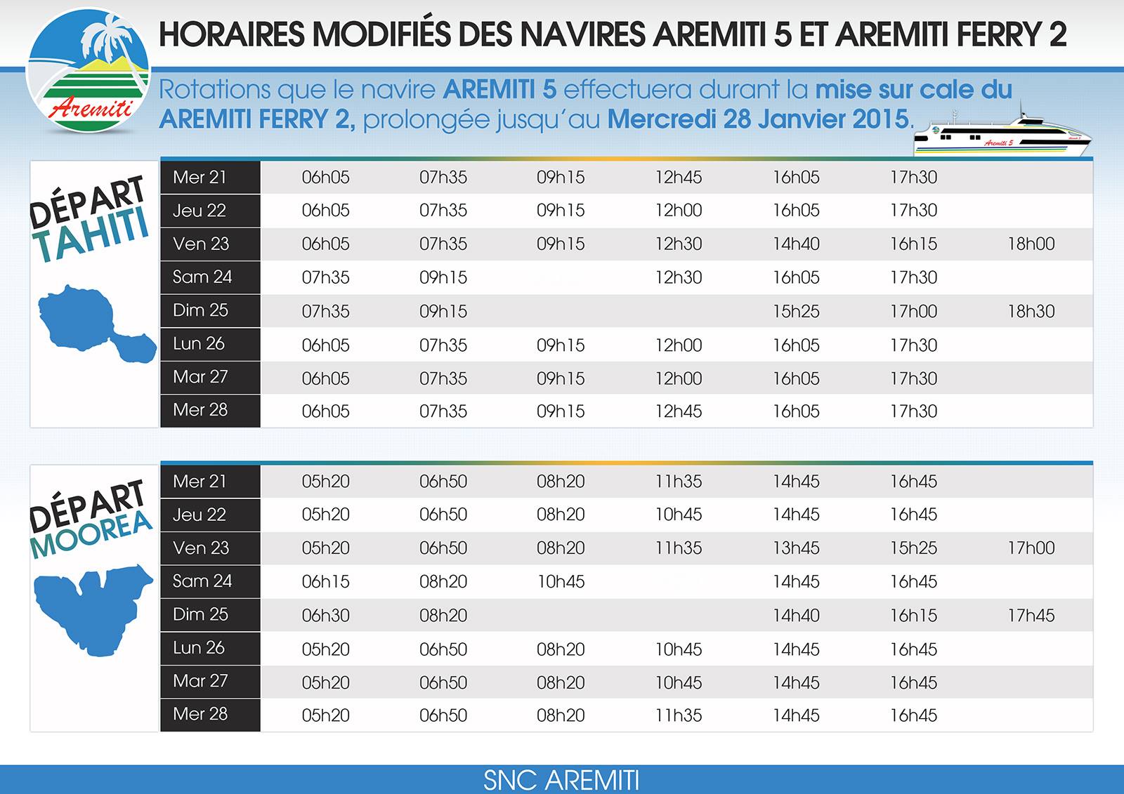 Horaires modifiés de l'Aremiti jusqu'au 28 janvier