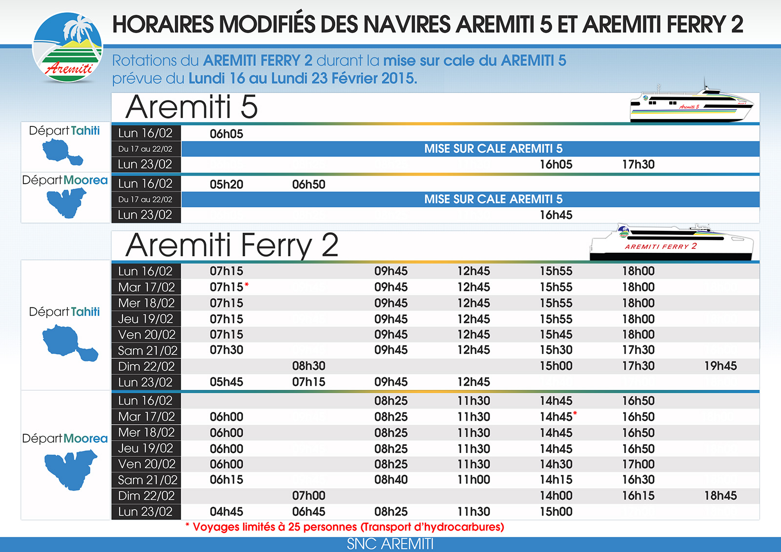 Montée sur cale du Aremiti 5 et modification des horaires du Aremiti Ferry 2 du 16 au 23 février