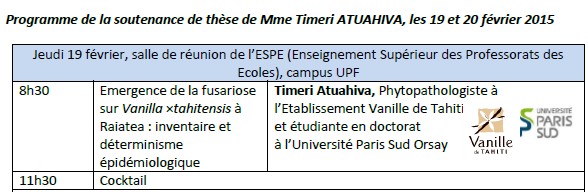Soutenance de thèse à l'UPF : "Emergence de la fusariose sur Vanilla tahitensis : inventaire et déterminisme épidémiologique"