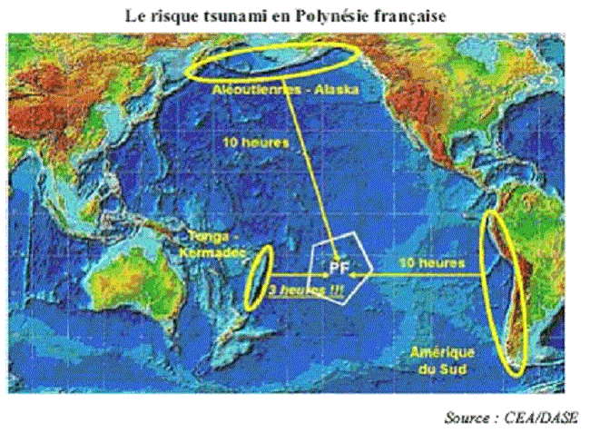 Temps de réaction avant l'arrivée d'un tsunami en Polynésie française en fonction de la zone d'origine du séisme initial.