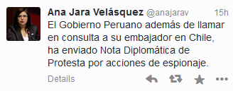 "Le Pérou a rappelé pour consultation son ambassadeur au Chili. En outre, j'ai envoyé une note diplomatique de protestation pour des actes d'espionnage", a indiqué Mme Jara sur son compte Twitter.