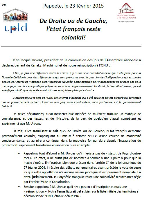 Communiqué de l'UPLD: "De Droite ou de Gauche, l’Etat français reste colonial!"