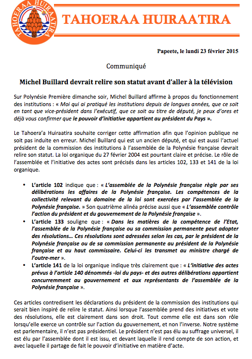 Communiqué du Taohera'a: "Michel Buillard devrait relire son statut avant d’aller à la télévision"