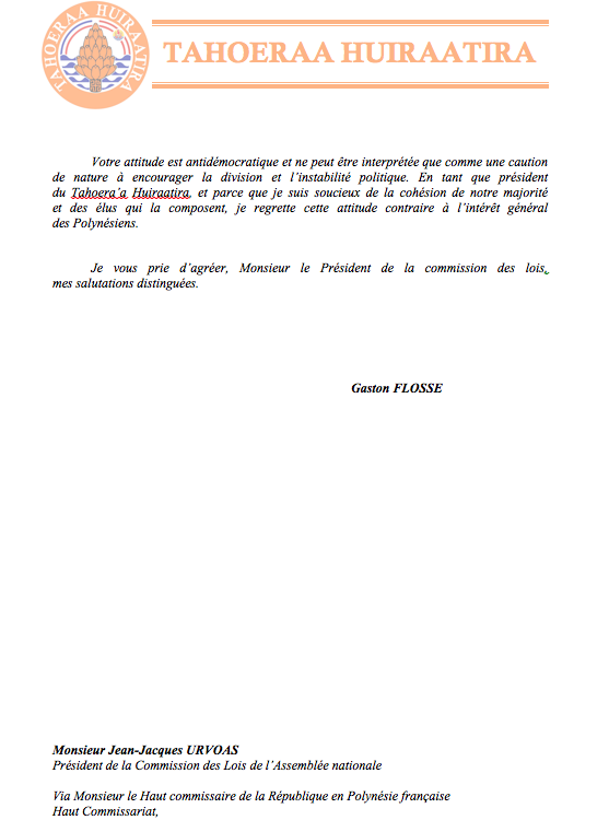 Communiqué du Taohera'a: Lettre adressée au Président de la Commission des Lois de l'Assemblée Nationale