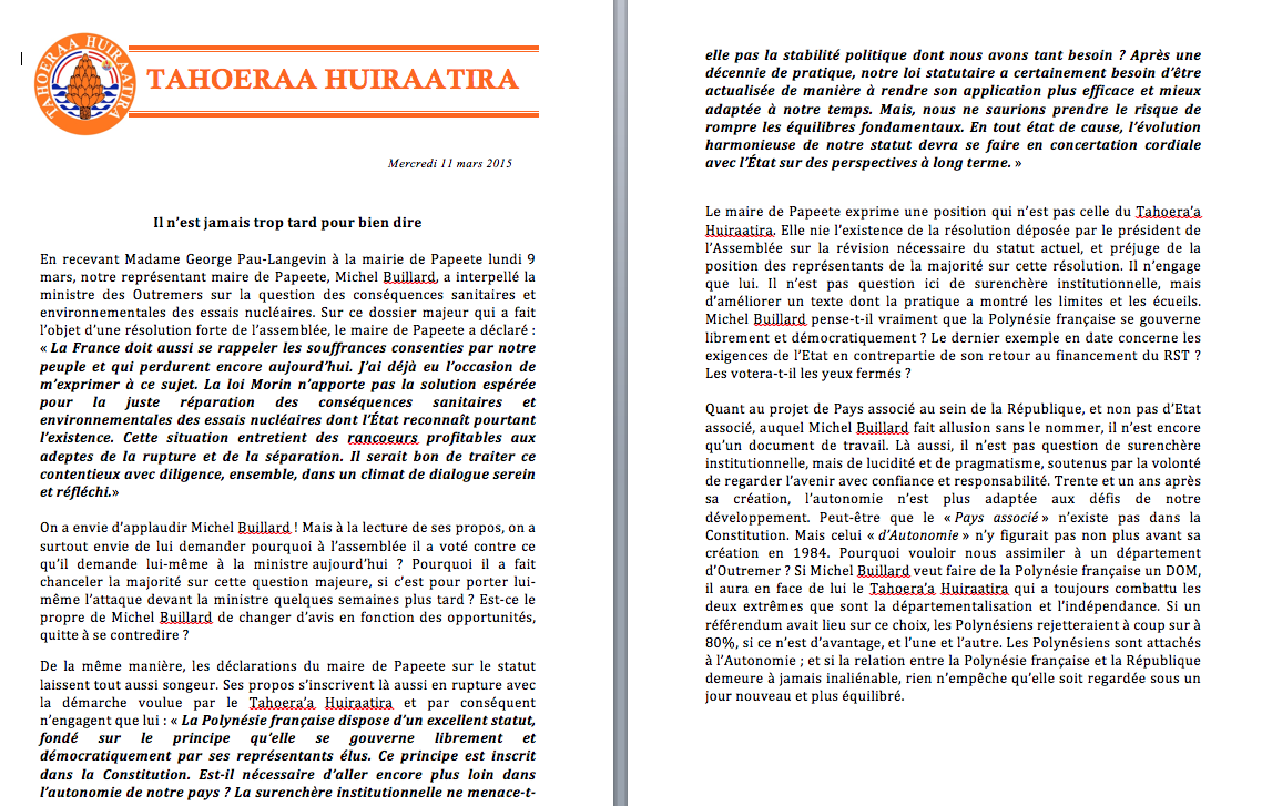 Communiqué du Taohera'a: Réaction aux propos de Michel Buillard