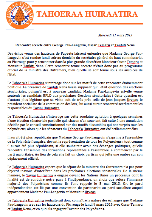 Communiqué du Taohera'a: Rencontre la Ministre des Outre-mer, Oscar TEMARU et Tauhiti NENA