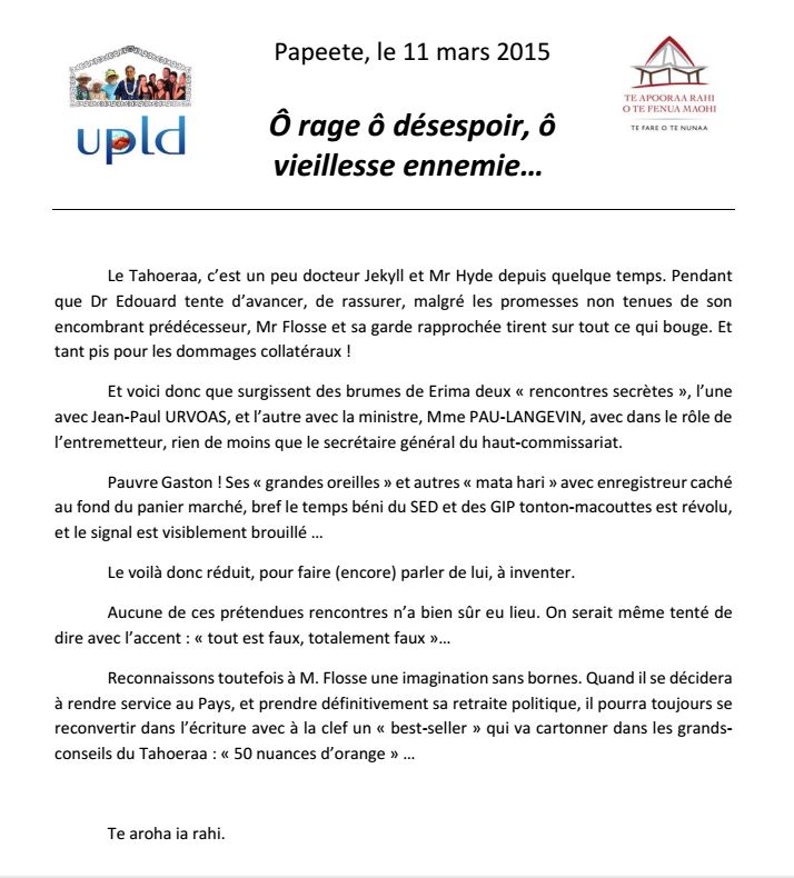 Communiqué de l'UPLD: "O râge, ô desespoir, au vieillesse ennemie..."