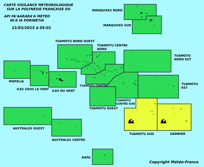 Vigilance jaune pour forte houle aux Gambier et aux Tuamotu Sud