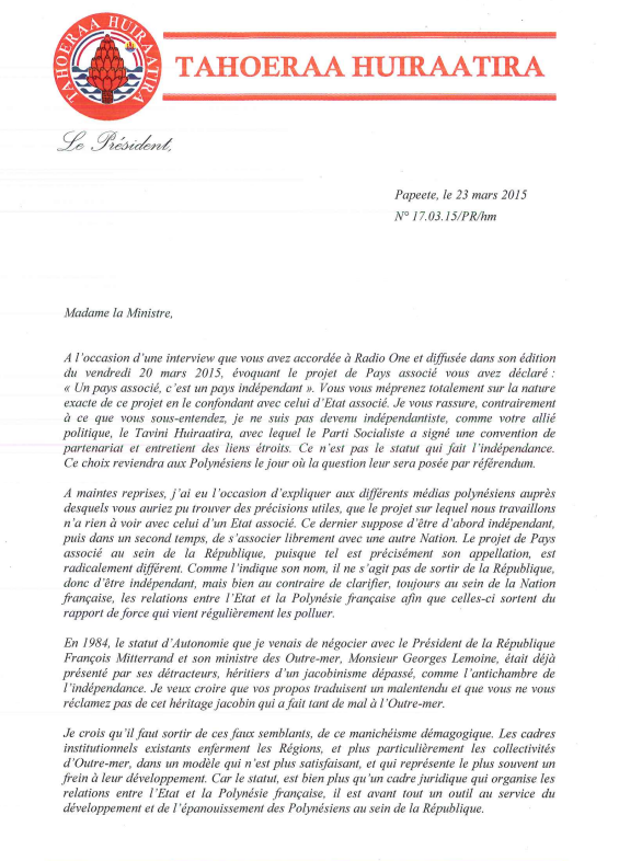 Gaston Flosse répond à la Ministre Pau Langevin