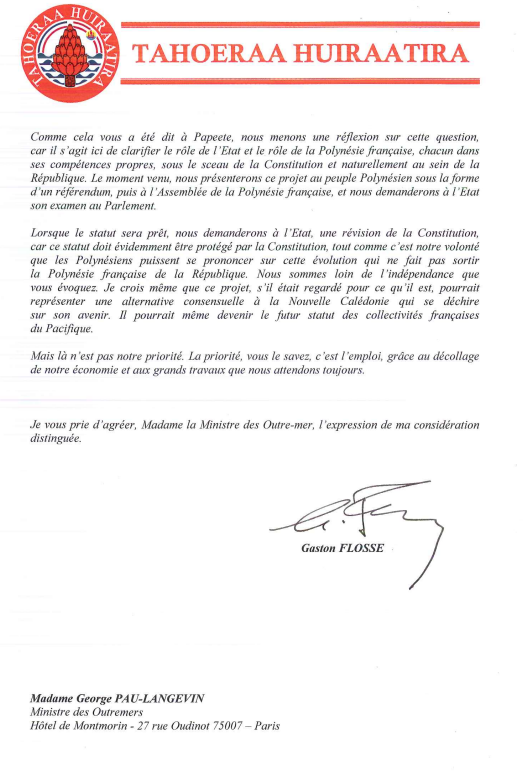 Gaston Flosse répond à la Ministre Pau Langevin