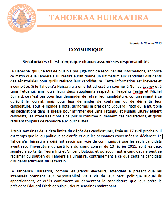 Communiqué du Tahoera'a: "Sénatoriales : Il est temps que chacun assume ses responsabilités"