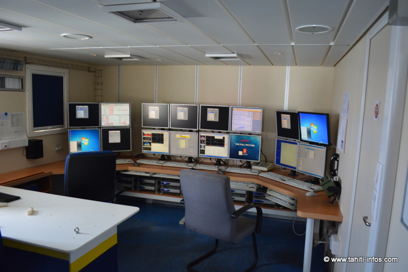 La salle des scientifiques où les données des sondeurs seront analysées en direct par les 9 scientifiques de l'Ifremer