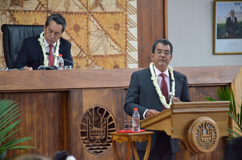 Edouard Fritch, jeudi 9 avril lors de son allocution devant les représentants territoriaux à Tarahoi