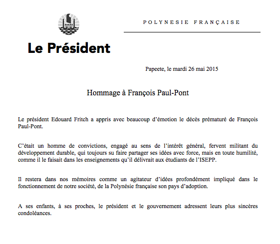 Décès de François Paul Pont, les condoléances de la Présidence