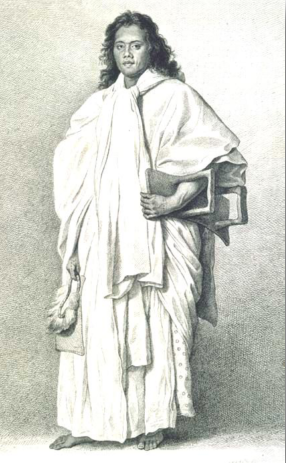 OMAÏ, avec son escabelle, son collier de plumes et son aumônière, en Angleterre en 1774. Image : DR