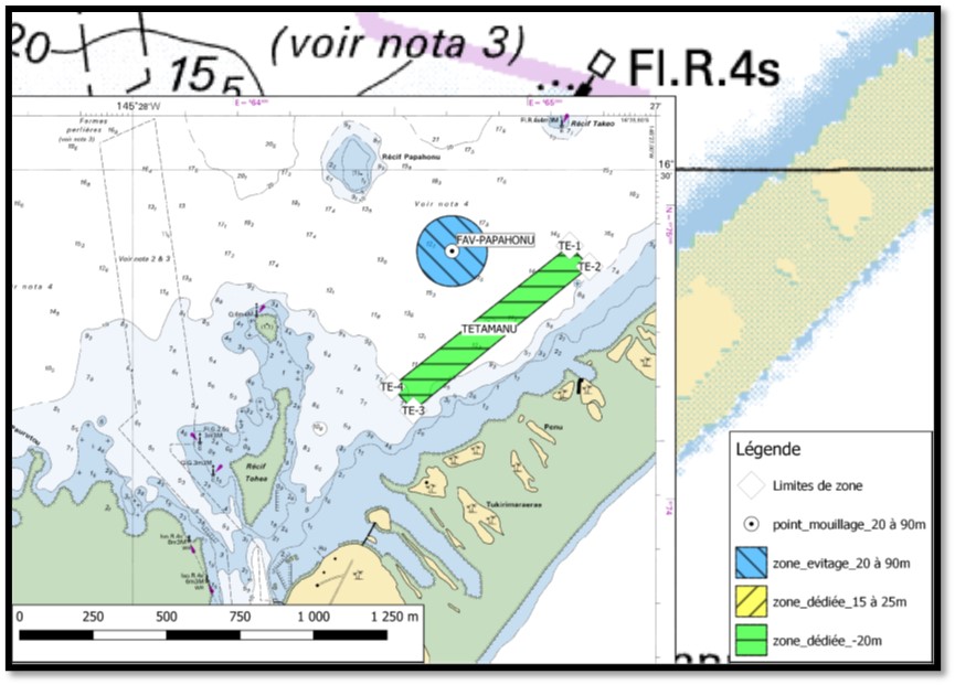 Zones de mouillage à proximité de la passe Tumakohua (passe sud)