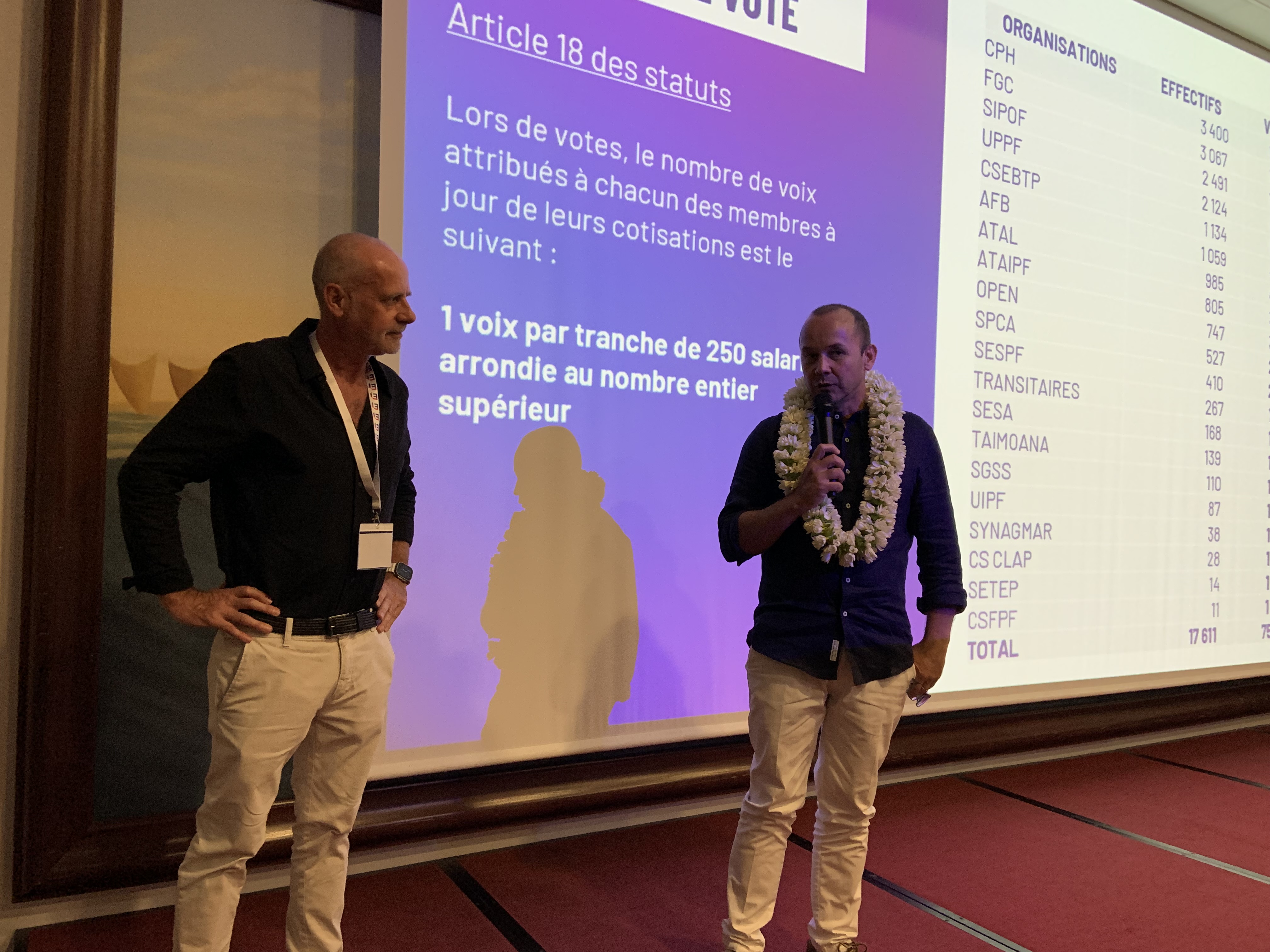 Steeve Hamblin, à droite, prend la succession de Frederic Dock, à gauche, à la tête du Medef Polynesie. Crédit photo : Thibault Segalard.