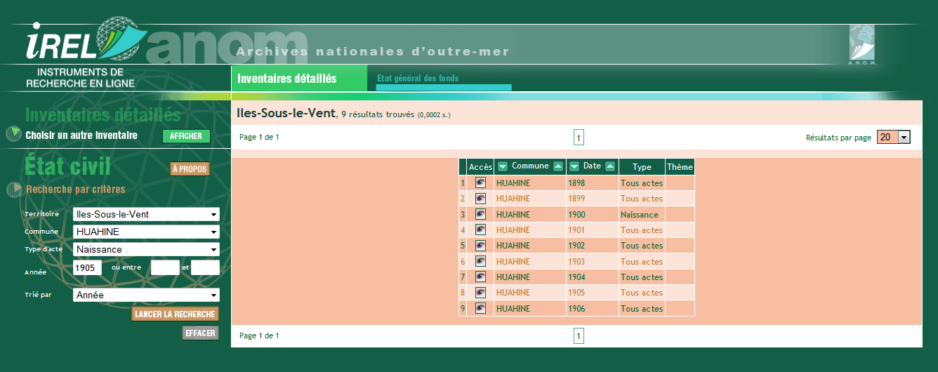 Pour faire vos recherches, choisissez un territoire, puis choisissez la commune, le type d'acte recherché et la période concernée.
