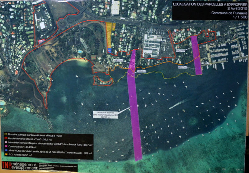 Le plan des expropriations prévues pour le Mahana Beach (carte de TNAD, ce n'est pas la dernière version)