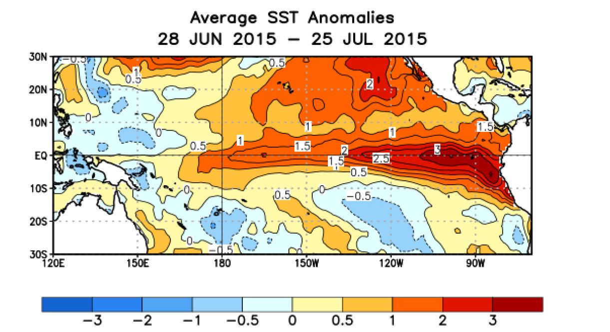 Anomalies de la température moyenne de surface de l’océan au cours des 4 dernières semaines. (source :http://www.cpc.ncep.noaa.gov)