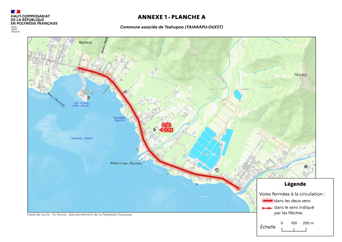 Interdiction de circulation et de stationnement de 6 h 30 à 7 h 45 : à Teahupo’o sur la zone rouge.  Crédit : Haut-Commissariat