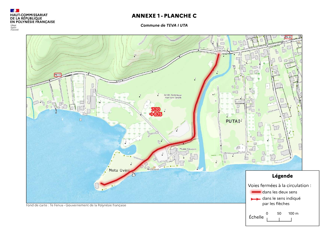 Interdiction de circulation et de stationnement de 7 h 20 à 8 h 15 à Teva i Uta sur la zone rouge Crédit : Haut-Commissariat